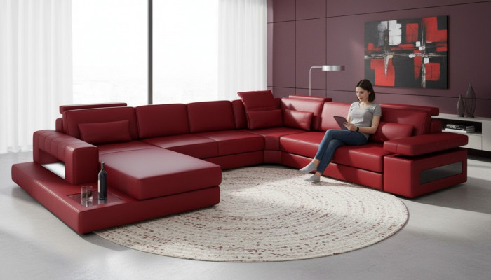 Eckcouch an U-Form aus héichwäertegem Premium-Liederfaserstoff