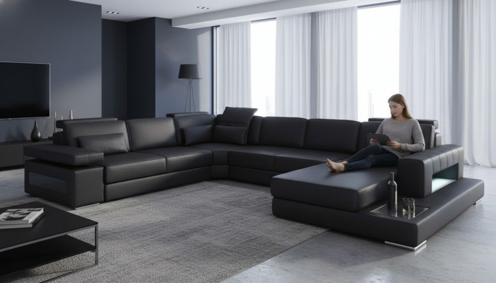 Wunnlandschaft Bettfunktioun Lieder Ecksaddel U-Form Sofa Couch Textil Sofaen Design