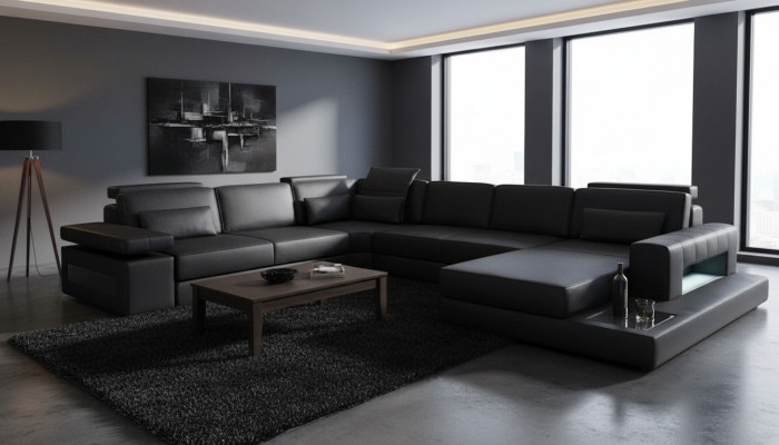Wunnlandschaft Bettfunktioun Lieder Ecksaddel U-Form Sofa Couch Textil Sofaen Design