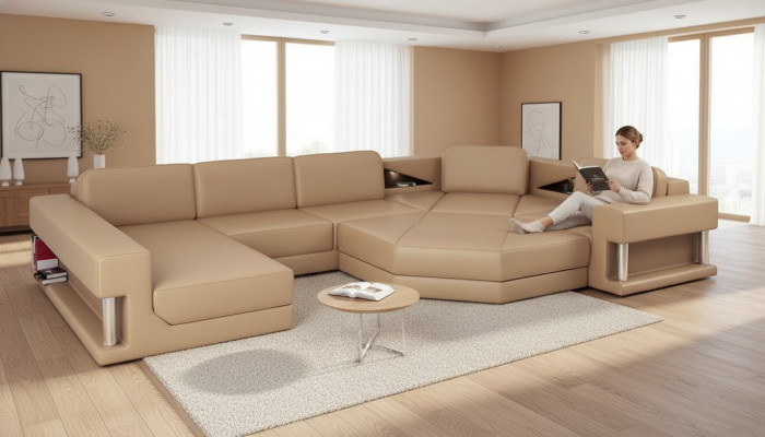 Wunnlandschaft Design Modern Sofa Ecksofa Sofa U-Form Ledersofa Couch Textil Nei