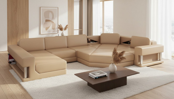 Wunnlandschaft Design Modern Sofa Ecksofa Sofa U-Form Ledersofa Couch Textil Nei