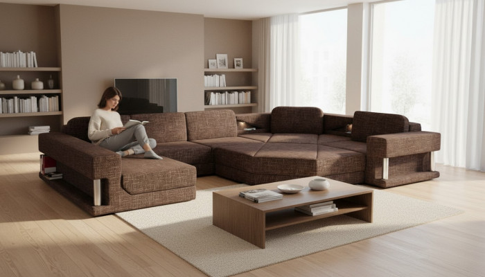 Design Ecksofa U-Form Bettfunktioun Couch Textil Sofas Schlofssofa Lieder Stoff Nei