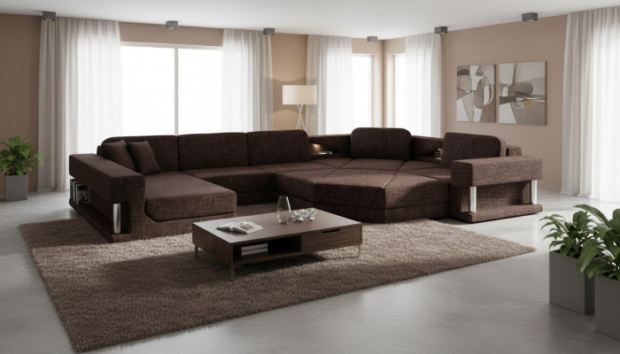 Design Ecksofa U-Form Bettfunktioun Couch Textil Sofas Schlofssofa Lieder Stoff Nei
