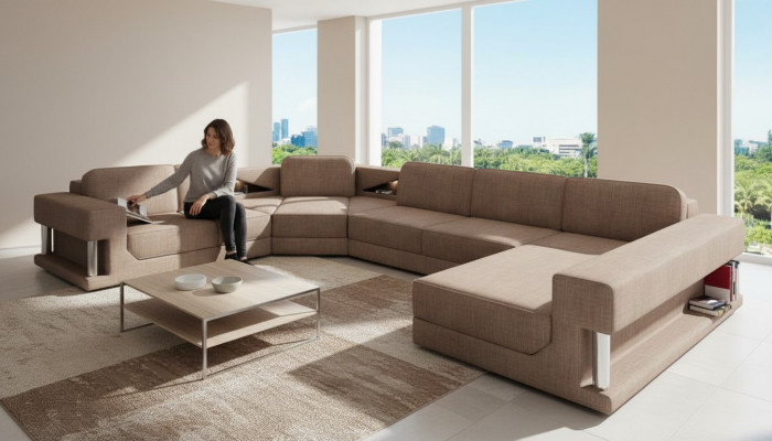 U-Form Bettfunktion Canapé Design Polster Textil Eck Wunnlandschaft Ecksofa Stoff