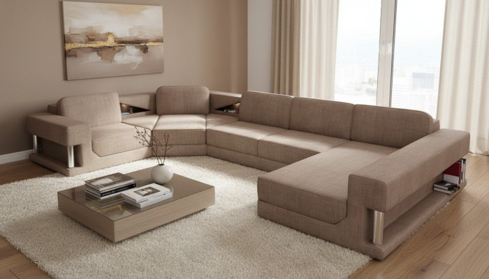 U-Form Bettfunktion Canapé Design Polster Textil Eck Wunnlandschaft Ecksofa Stoff