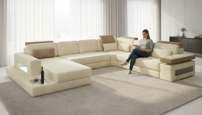 U-Form Bettfunktion Canapé Design Polster Textil Eck Wunnlandschaft Eckséi Stoff