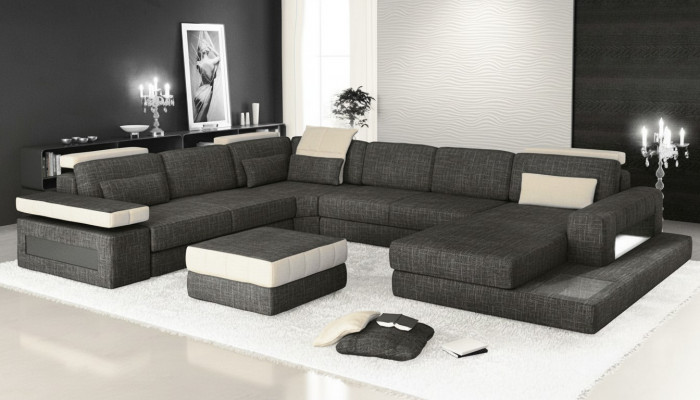 Ecksofa Canapé Design Polster Stoff Nei Wunnlandschaft U-Form Schlofffunktioun Stoff