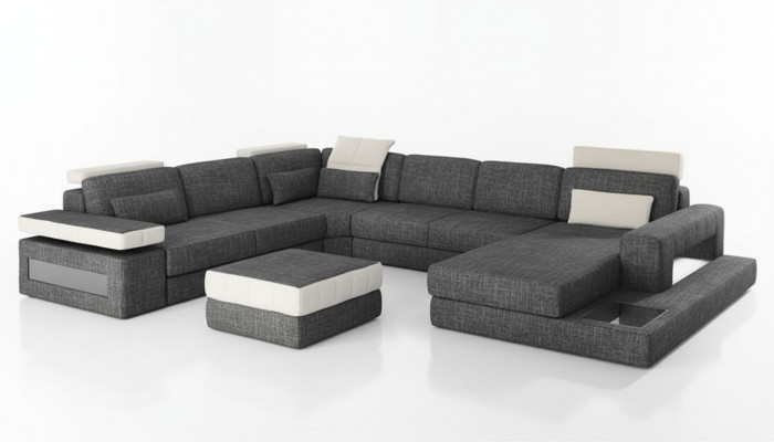 Ecksofa Canapé Design Polster Stoff Nei Wunnlandschaft U-Form Schlofffunktioun Stoff