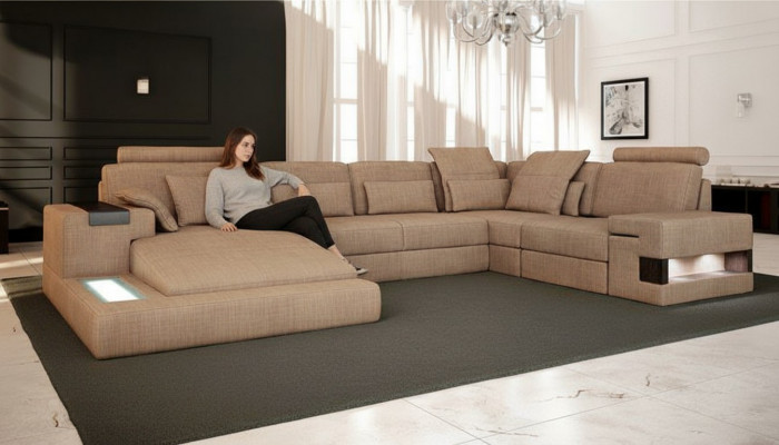 U-Form Polster Couchen Textil Design beliicht Wuohnlandschaft Ecksofa Sofa Couch