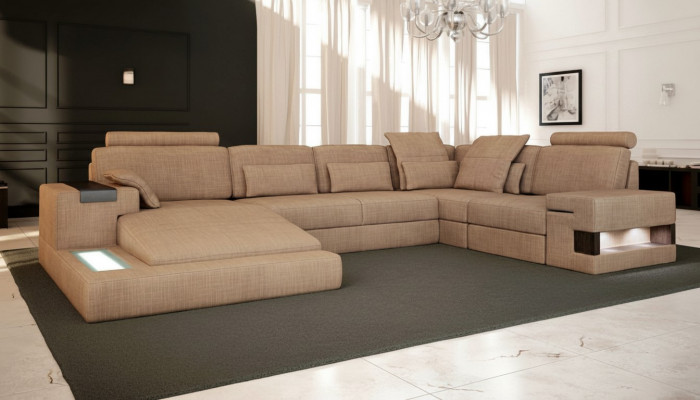 U-Form Polster Couchen Textil Design beliicht Wuohnlandschaft Ecksofa Sofa Couch