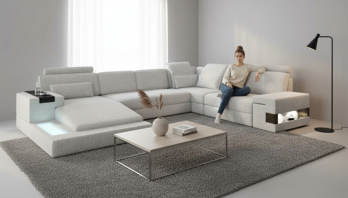 Ecksofa Wunnlandschaft Canapé Couch U Form Polster Canapéë Stoff Design Miwwelen Nei