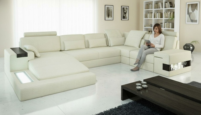 Ecksofa U-Form Canapé Design Polster Stoff Nei Wunnlandschaft Bettfunktioun Stoff