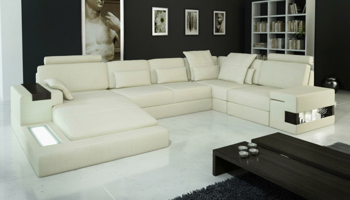Ecksofa U-Form Canapé Design Polster Stoff Nei Wunnlandschaft Bettfunktioun Stoff