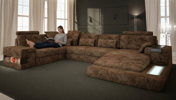 Eckcouch an U-Form Sofa Design Polsterstoff Textil Nei Bettfunktioun Wunnlandschaft Stoff