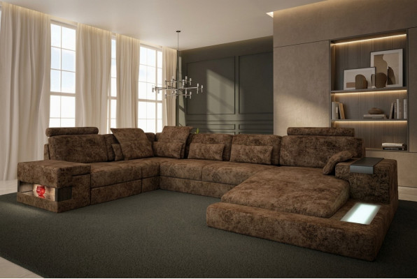 Eckcouch an U-Form Sofa Design Polsterstoff Textil Nei Bettfunktioun Wunnlandschaft Stoff