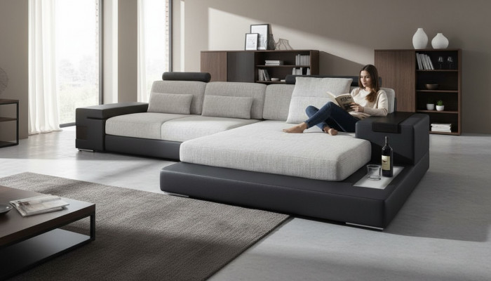 Stoff L-Form Couche Wunnzëmmer Ecksofa modern Design Textil grouss Sofa Modern