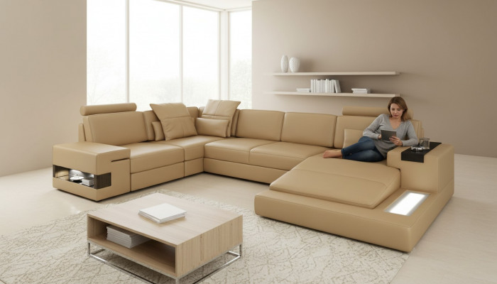 Ecksofa U-Form Sofa Wunnlandschaft Polster Bettfunktioun Design Modern Nei