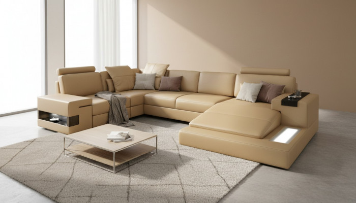 Ecksofa U-Form Sofa Wunnlandschaft Polster Bettfunktioun Design Modern Nei