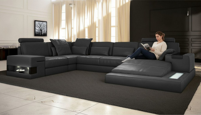 Ecksofa U-Form Couch Design Polster Textil Nei Wunnlandschaft Bettfunktioun Stoff