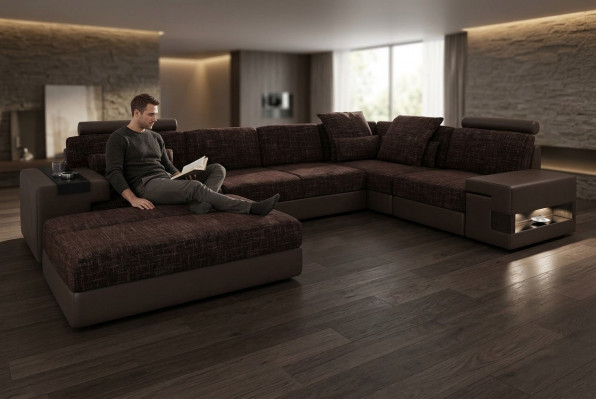 Këssen Set Wunnzëmmer L-Form Modern Designer Sofa Couch Ecke mat Pouf Miwwelen