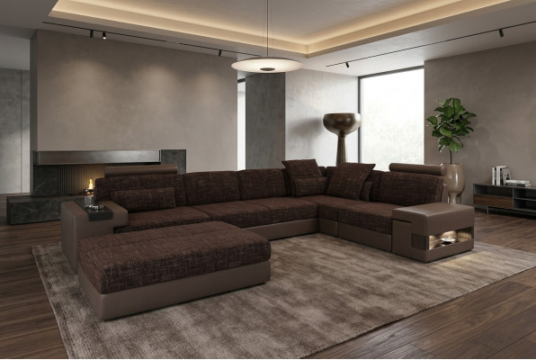 Këssen Set Wunnzëmmer L-Form Modern Designer Sofa Couch Ecke mat Pouf Miwwelen