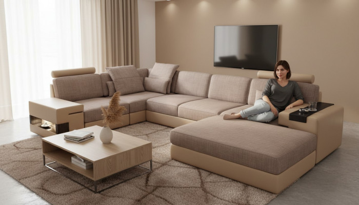 Canapé Eckcanapé Lieder Wunnzëmmer Holz Beräich Hocker modern L Form NEI Set