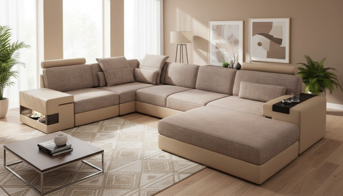 Canapé Eckcanapé Lieder Wunnzëmmer Holz Beräich Hocker modern L Form NEI Set