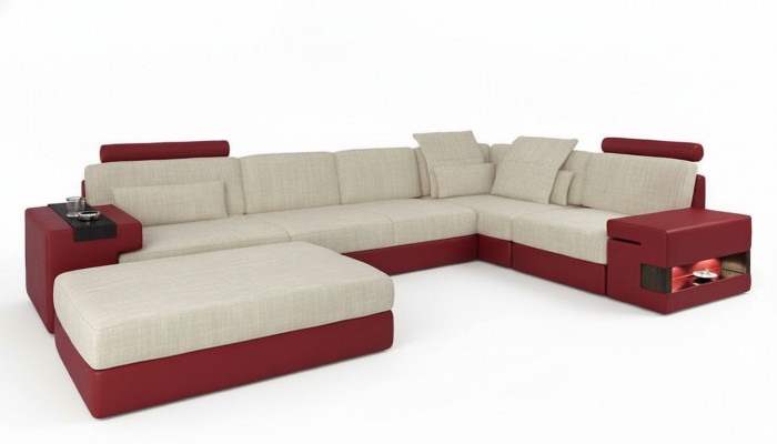 Moderne Sofa Eck Set L-Form gepolsterte Sofassëtzer Couch Hocker Schlofzëmmer Miwwelen