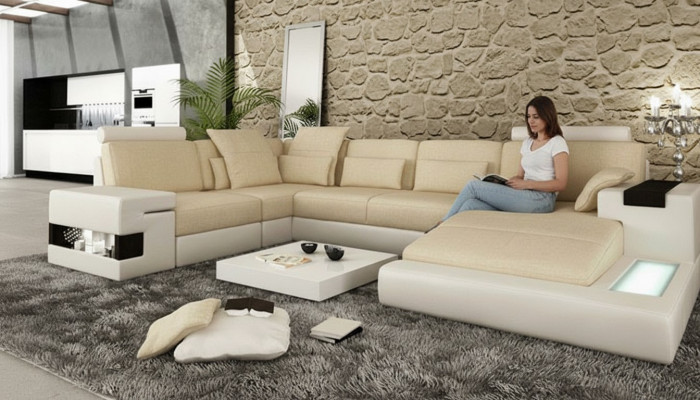 Ecksofa Sofa U-Form Ledersofa Couch Wunnlandschaft Design Modern Sofa