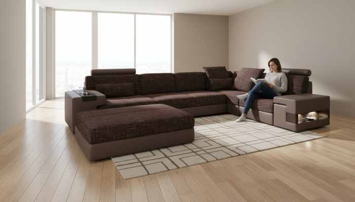 Modern Designer Ecksofa L-Form Miwwelen Polster Textil mat Hocker 2tlg Set Nei