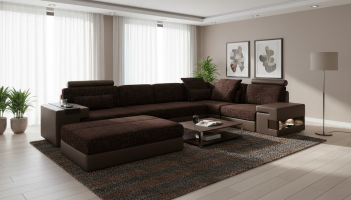 Modern Designer Ecksofa L-Form Miwwelen Polster Textil mat Hocker 2tlg Set Nei