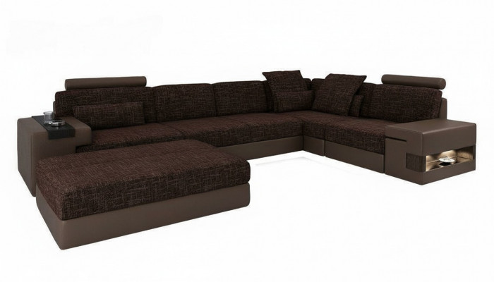 Modern Designer Ecksofa L-Form Miwwelen Polster Textil mat Hocker 2tlg Set Nei