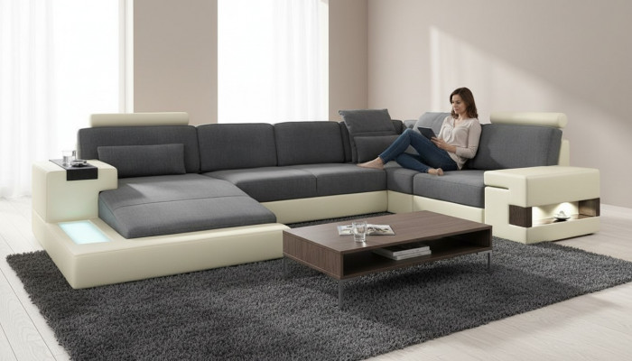 Living Zëmmer Designer Canapé Këssen LiederStoff Sëtz Modern Eckcanopee U-Form