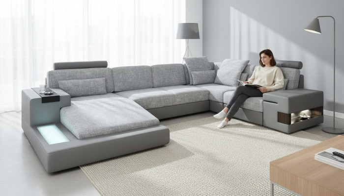 U-Form Miwwel Canapé-Bett Funktiounen Polster Textil Moud Design Wénkelcouch Nei Canapé