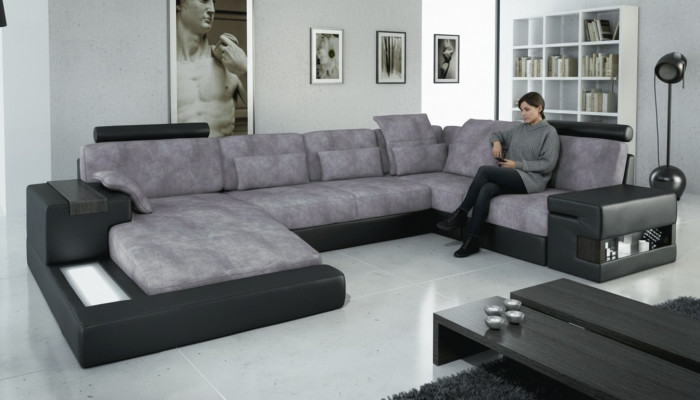 Designer Modern Luxus Textil Canapé U-Form Miwwel mat Schloffunktion gro NEI