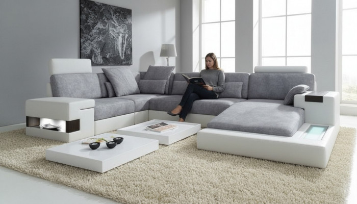 Modern Textil Sofa U-Form Miwwele mat Bett Funktiounen Stauraum Gro NEI