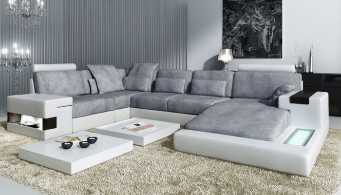 Modern Textil Sofa U-Form Miwwele mat Bett Funktiounen Stauraum Gro NEI