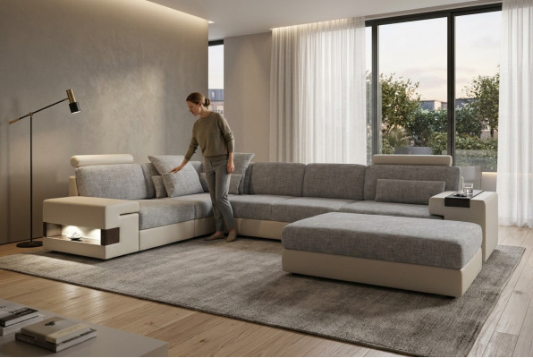 Wunnraum L-Form Modernen Design Sofa Sofas Sëtzplaz mat Hocker Wunnlandschaft Miwwelen