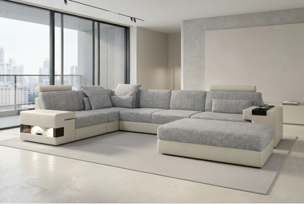 Wunnraum L-Form Modernen Design Sofa Sofas Sëtzplaz mat Hocker Wunnlandschaft Miwwelen
