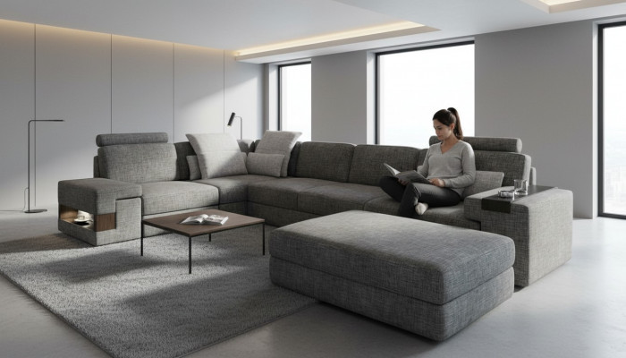 Wunnzëmmer L-Form modern elegant Design Canapé Ecksofa Hocker Polstermöbel NEI