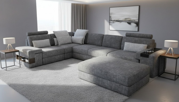 Wunnzëmmer L-Form modern elegant Design Canapé Ecksofa Hocker Polstermöbel NEI