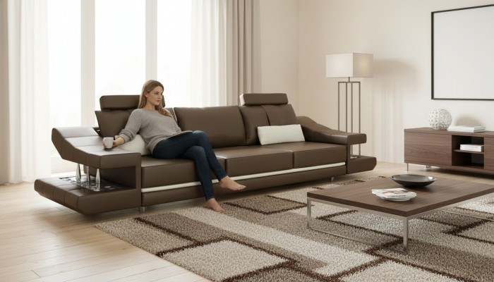 Moderne Luxus Designer Sofa 3 Sëtzer Miwwel Polster Textil Brong Couchen Eck