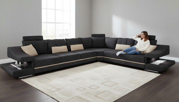 Wunnzëmmer Textil Schwaarz Sofa Sofas L-FormSëtz Faarf Ecksofa Couch Polstermiwel