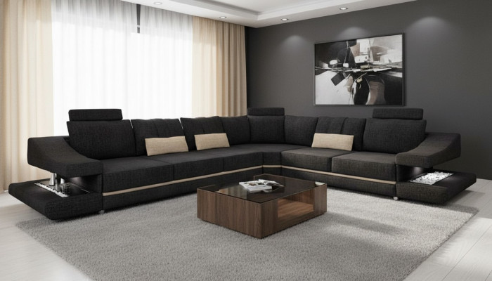 Wunnzëmmer Textil Schwaarz Sofa Sofas L-FormSëtz Faarf Ecksofa Couch Polstermiwel