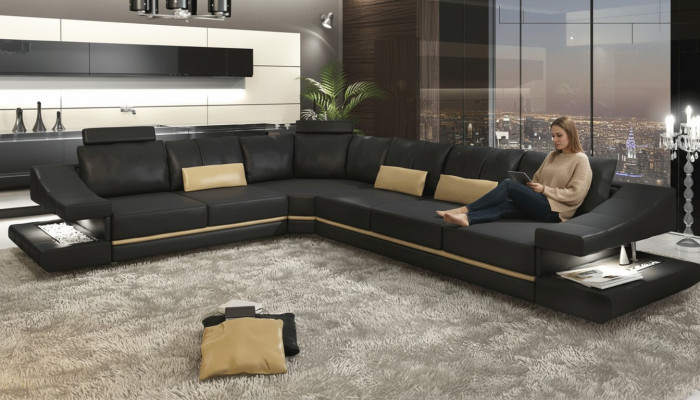 Wunnzëmmer Textil L-Form Sofas Schwaarz NEI Ecksofa Canapé Polstermöbel