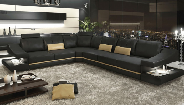Wunnzëmmer Textil L-Form Sofas Schwaarz NEI Ecksofa Canapé Polstermöbel