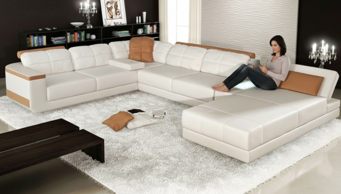 Ecksofa U-Form Sofa Canapé Textil Sofas Design Wunnlandschaft Schlofffunktioun Lieder