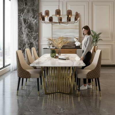 Luxus Dëscher Iesszëmmer Dësch Metall Iesszëmmerdësch Modern Miwwelen Gold Edelstol