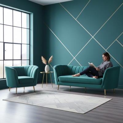 Sëtz Design Canapé Lounge Sofa 2-Sëtzer Wunnlandschaft Relax Samt Massivholz