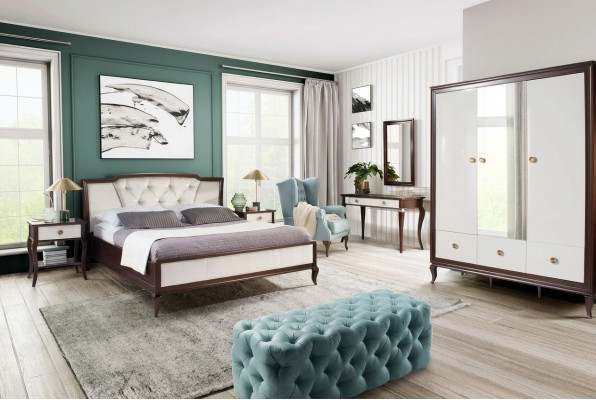 Komplett Schlofzëmmer Set 4 Deeler Design Bett + 2x Nuetsdësch + Kleederschaf